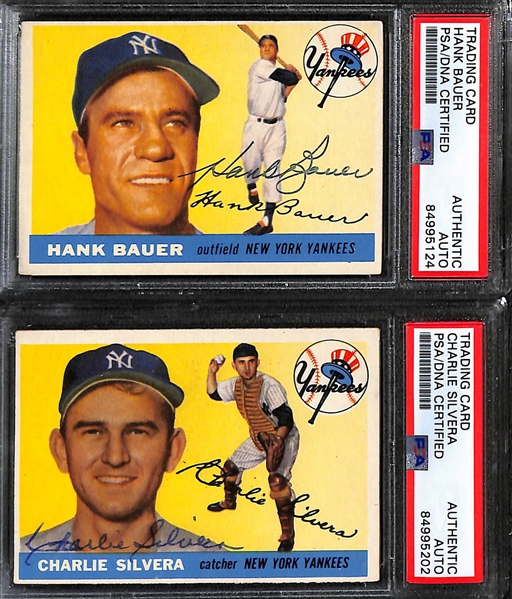 (6) 1955 Topps Signed Cards w. Hank Bauer, Charlie Silvera, Jim Robertson, Jim Delsing, Bob Oldis, and Johnny Sain. (PSA/DNA Certified)